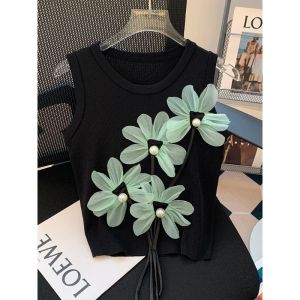 Gilet Donna Gilet lavorato a maglia a fiori sciolti Maglione Autunno Gilet femminile senza maniche Vintage coreano Gilet lavorato a maglia con stampa 3D unica R627