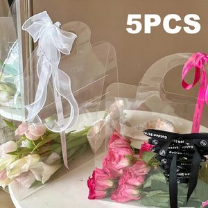 53Pcs Transparent Flower Bag with Handle Fresh Bouquet Box for Wedding Birthday Rose Flowers Wrapping Handbag Gift 240223