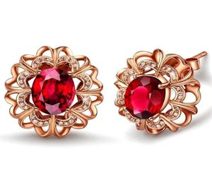 Ruby gemstones red crystal zircon diamond stud earrings for women brincos 18k Rose gold color party jewelry bijou Christmas gift 24484958