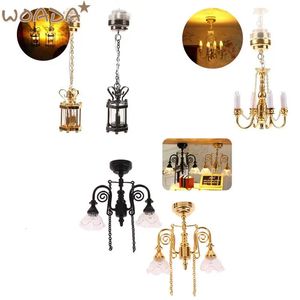 1 12 Dollhouse Miniature LED Ceiling Lamp Gold Chandelier Droplight Lighting Lights Battery Operated Furniture Model Decor Toy 240223