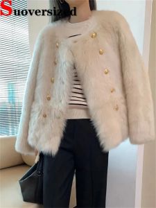 Fur Winter Faux Fox Fur Coats Loose Thick Vintage Furry Casaco Metal Button Double Breasted Jaqueta Feminina Korean Plush Chaquetas