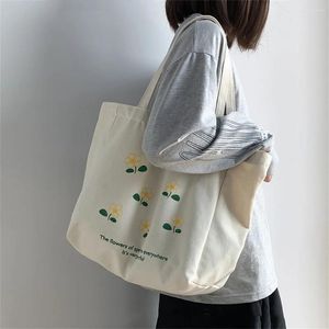 Alışveriş çantaları kadınlar basit çiçek çantası büyük kapasiteli tuval öğrenci taze sanat omuz çevre dostu yeniden kullanılabilir el çantası