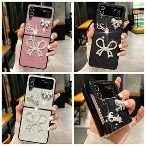 Flip5 3D Bow Smile Diamond Cases For Samsung Galaxy ZFlip5 Z Fold 5 4 Flip 3 Flip4 Bling Bowknot Girls Hard PC Plastic Shockproof Folding Fashion Rhinestone Phone Cover