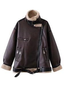 Jackets 2023 Winter Women Black Long Thick Warm Faux Leather Coats Shearling Sheepskin Motorcycle Biker Parkas Fleece Female Snow Jacket