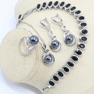 Necklace Earrings Set Black Pearl Women Wedding Silver Color Ring Bracelet Birthday Gift