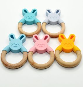 8 färger Bunny Silicone Teether Wood Tingring Ring Baby Chewable Toys Organic Wood Ring Food Grad Silicone Soother Spädbarnsgåvor M3010789
