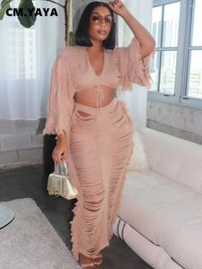 Work Dresses CM.YAYA Women High Waist Ruffles Side Cutout Midi Bodycon Maxi Skirts Set And Long Sleeve Sweater 2024 Two 2 Piece Outfit Dress