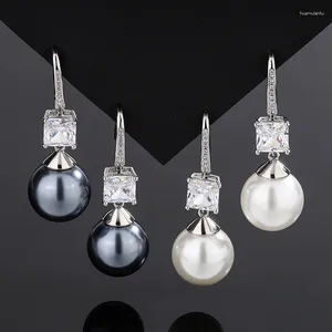 Stud Earrings EYIKA Korean Elegant 14mm Black White Pearl Dangle Women Square Crystal Zircon Hook Earring Wedding Banquet Jewelry