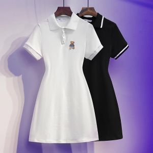 Klänning svettvita shorts ärm polo hals thirt klänning koreansk kawaii björn broderi konst baggy söt svart miniklänning sommar kvinnor 2022