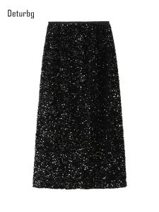 Юбка женская, сексуальная, с блестками, длинная юбка, женская эластичная высокая талия, черные юбки-карандаш с разрезом на спине, осень 2023, K176
