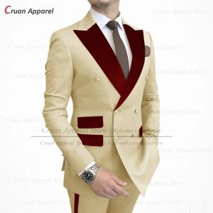 Kostymer mode kostymer för män smala fit lyx prom bröllop tuxedos burgundy sammet lapel blazer byxor 2 stycken skräddarsydda herr set