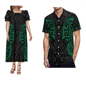 Party Dresses Polynesian Vintage Art Couple Set Custom Women's Dress Men's Shirt Tribal Fashion Puff Sleeve Design Lång kjol Löst 2024