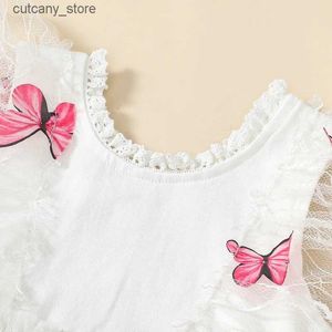 Macacões Bebê Recém-nascido Menina Borboleta Tule Romper Vestido Fly Manga Patchwork Romper com Hairband Roupas de Verão L240307