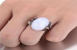 Cluster Rings AMORUI White Fire Opal Natural Stone For Women Vintage Plum Blossom Tree Flower CZ Drop Whole6005396