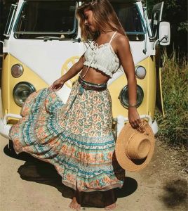 Vestidos hippie rainhas mulheres gótica floral ervilha impressa alta cintura elástica praia boêmio saia senhoras aline midi boho saias