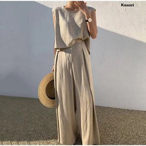 Abito in lino di cotone per donna senza maniche canotta con collo alto pantaloni a gamba larga set in due pezzi abiti casual da ufficio allentati estivi 240304