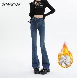 ジーンズZoenova Fleece Velvet Elastic Women's Jeans 2023 Winter Warm Mid Waist Neartly Flared Pants Fashion Mom Pounsers Woman Jegging