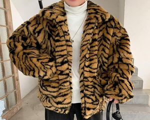 Men039s Fur Faux Tiger Leopard Coat Men冬の温かい太いジャケットターンダウンカラーポケットオーバーコートファッション男性アウタープラス1278299