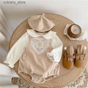 ジャンプスーツ2pcs/set baby khaki clothes new girls corduroy Romper Spring Infant Peter Pan Collar Sweet Clothing set l240307