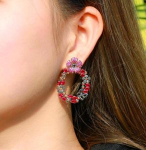 Dangle Chandelier BeaQueen Fashion Pink Black Flower CZ Stone MultiColor Crystal Circle Round Earring For Women Dress Jewelry Ac2731696