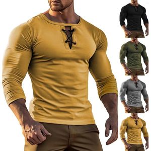 Męskie koszule okrągłe szyję Solidny kolor przycisk Koszulka z długim rękawem Henley Casual Sports Umor ciężko dla mężczyzn