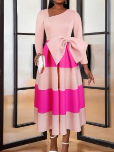 Dress Women Pink Dress A Line Patchwork Pleataed Long Sleeves Asymmetrical Collar Block Color African Female Gowns Occasion Robes New