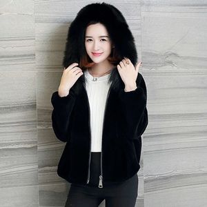 Haining Sheep Cut Velvet Hooded Short Korean Version Ny imitation Fox Collar Fur Coat för kvinnor 960967