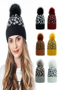 Leopar örgü şapka pom kürk top beanies kadınlar kış yün örgü şapkalar açık koru sıcak bere kaps parti yhm275zwl4040248