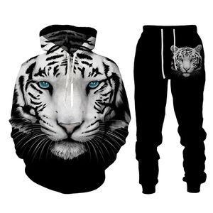 Tuta da uomo stampata 3D Animal Tiger Set Felpa con cappuccio e pantaloni casual Set da 2 pezzi Autunno Inverno Moda Streetwear Abbigliamento uomo Completo