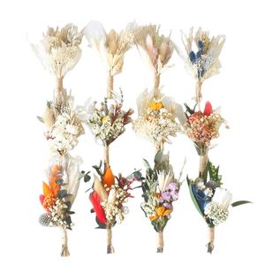 1pc Mini Natural Dry Flowers Bouquet Boutonnieres Groomsmen Buttonholes Bridesmaid Flower Corsage Brooch Christmas Wedding Decor 240228