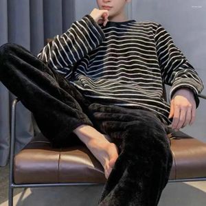 Men's Sleepwear Men Pajama Set Striped Round Neck Fall Winter Pajamas With Thick Coral Fleece Top Elastic Waist Pants For Warm