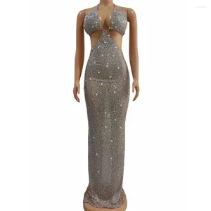 Stage Wear Women Sexy Silver Rhinestones Birthday Dress Sparkly Stones Celebrate Outfit Stretch Mesh Transparent Evening Club Costume