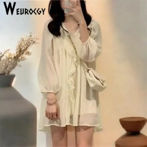 Kleid Frauen Kleid 2023 Sommer Neue Stil Koreanische Ausgabe Casual Lose Retro Elegante Rüschen VNeck Puff Lange Laterne Hülse Mini kleid