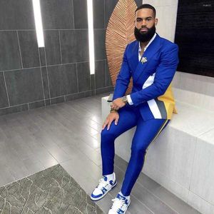 Mens Suits Royal Blue Patchwork Men Slim Fit 2 Piece Senaste Coat Pant Design Casual Male Clothing Big Size Town Suit Double Breasted