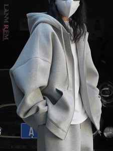 Lanmrem Minimalism Solid Hooded Cardigan Sweatshirt For Women Drawstring dragkedja Lång ärm Löst jackor Spring 240227