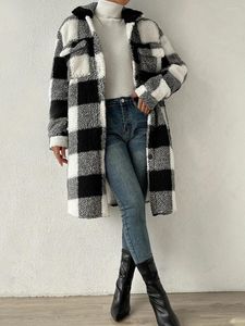 Jaquetas femininas casacos de inverno fuzzy velo sherpa jaqueta xadrez manga longa botões turn-down colarinho de pelúcia quente outerwear para casual diário