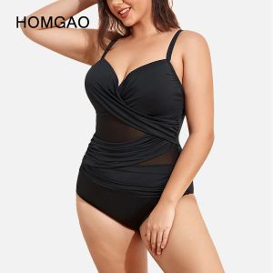 Swimwear HOMGAO Black Push Up One Piece Swimsuits Plus Size For Women Sexy Mesh Patchwork Swimwear Tummy Control Boqysuit Bathing Suits