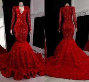 Elegant Burgundy Lace Sequin Mermaid Prom Dresses Black Girls V Neck Long Sleeves Sweep Train Formal Occasion Evening Gowns Real Image BC15403