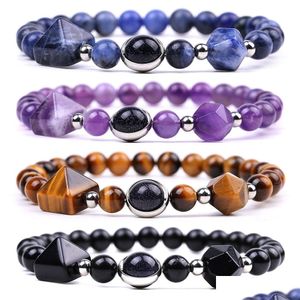 Beaded Pyramid Faceted Stone Strand Bracelet Semi-Precious Amethyst Rose Quartz Tiger Eye Beaded Yoga Obsidian Sodalite Bracelets Fas Dhodk