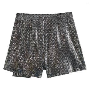 Women's Shorts Women Polyester Sequin High Waist A-line Mini Culottes For Shiny Solid Color Irregular Skirt Above Knee Length