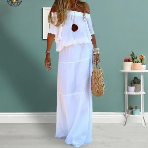 Dress Chic and Elegant White Bohemia Dress Vneck Lace Up Cover Up For Woman 2023 Summer Maxi Dress Beachwear Holiday Beach Slip Dress