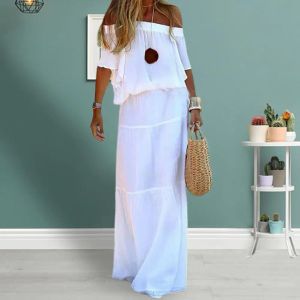 Abito chic ed elegante Abito bohémien bianco Scollo a V Coprispalle con lacci per donna 2023 Abito maxi estivo Abito da spiaggia per vacanze