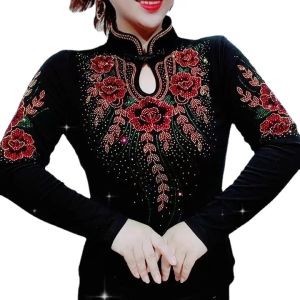 T-shirt V Neck Flare Sleeve Rhinestones T Shirts Women Shiny Bling Bling Gemstones Tees Women Black Shiny Tops