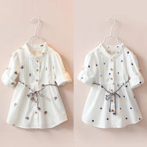 Dresses 2023 Spring Autumn 3 4 5 6 8 10 Years Children Cotton Embroidery Print Baby Kids Girls Long Short Sleeve White Dress with Belt