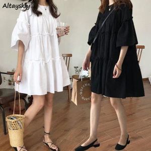 Elbiseler Kadınlar Aline Gevşek Kırıştı Mini Katı Basit Basit Hamile Lady Style Modeli Öğrenci Kızlar Vestido Şık Yaz Sundress