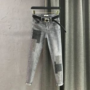 Jeans rökgrå mager jeans hösten ny kvinnors mode heta diamant kontrast färg blyerts byxor nionde byxor