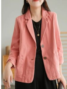 Blazer Damen Retro-Blazerjacke aus 100 % Baumwolle, Frühling und Herbst, lockere Büro- und Arbeitskleidung, einfarbig, lange Ärmel, Baumwolle und Leinen