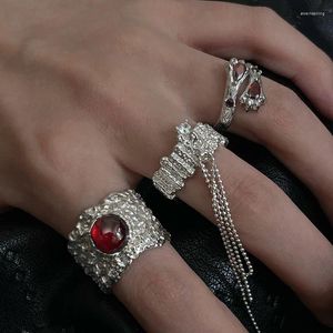 Кольца кластера, модное серебряное кольцо с открытым пальцем, панк, нерегулярный красный камень, цепочка из бисера для женщин, девушек, ювелирные изделия, подарок, Прямая поставка, оптовая продажа