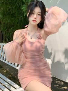 Abito rosa Abiti sexy Donna Mini Slim Fiore tenero Decorazione 3D Hotsweet Girlish Lantern Sleeve Moda Ulzzang Estetica Mujer