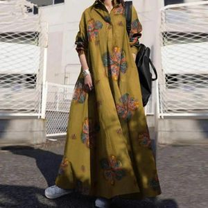 Vestidos casuais macio maxi vestido floral impressão estilo étnico para mulheres com colarinho turn-down mangas compridas plus size a linha tornozelo comprimento